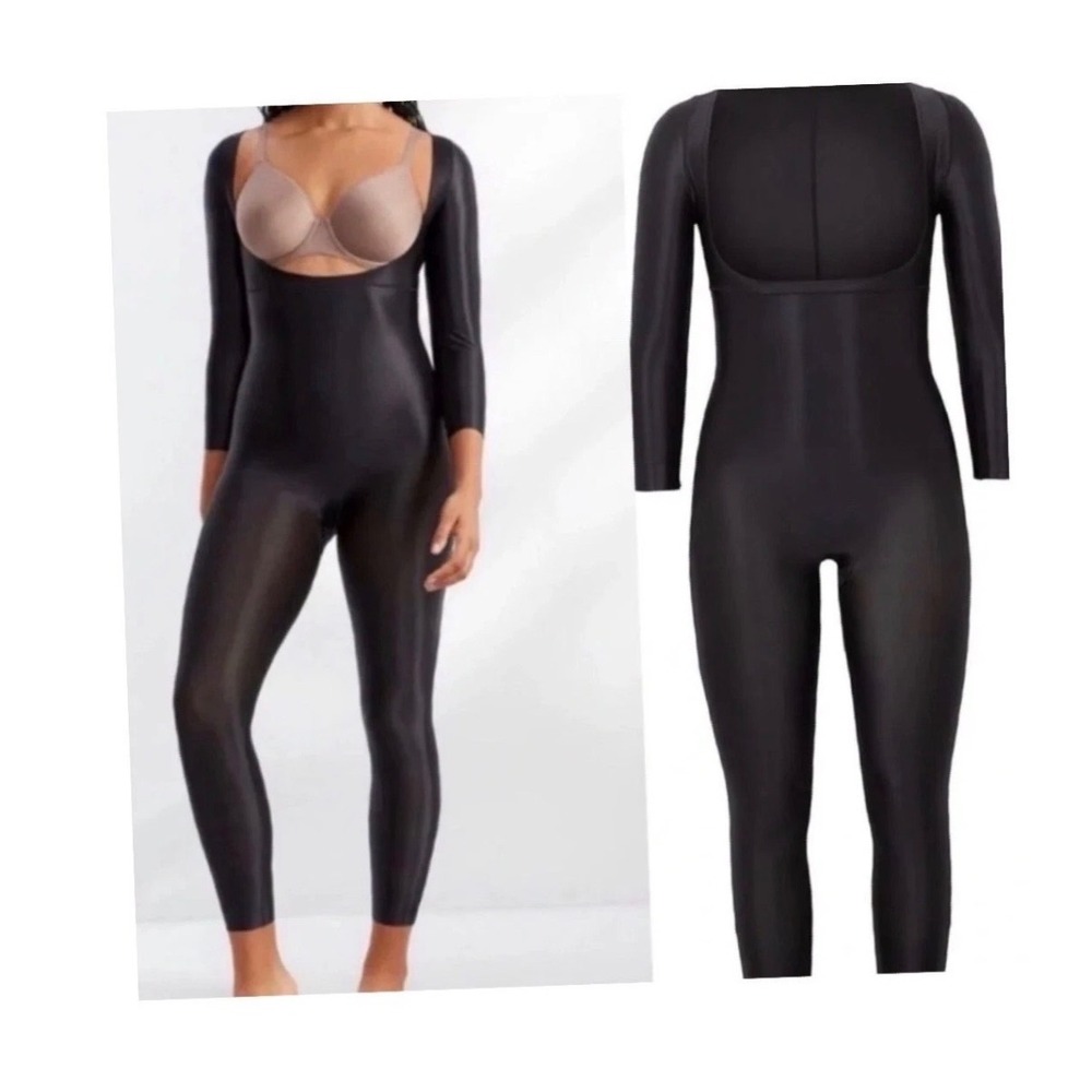 Spanx Shape 3/4 Sleeve OB Catsuit Very Black Liquid Shine Bodysuit 10316R XL New